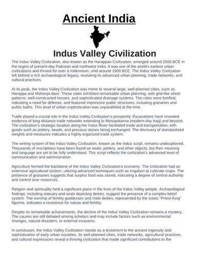 Ancient India: Indus Valley Civilization “Article & Questions” Assignment