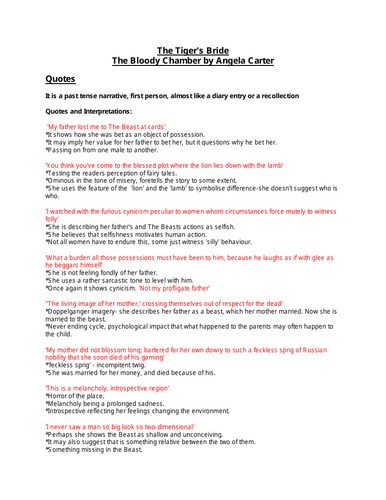 The Tiger's Bride  The Bloody Chamber by Angela Carter Notes