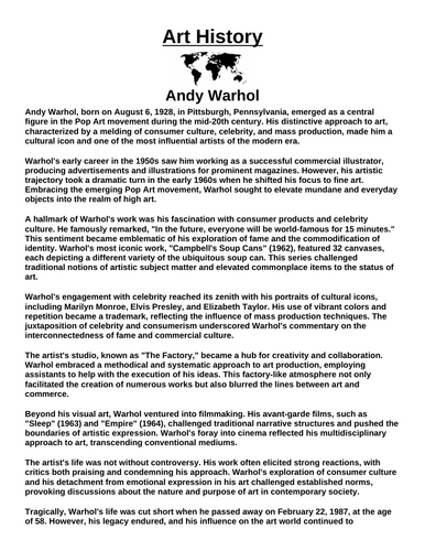 Art History: Andy Warhol “Article & Questions” Assignment