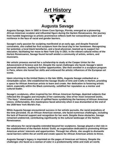 Art History: Augusta Savage “Article & Questions” Assignment