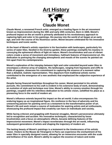 Art History: Claude Monet “Article & Questions” Assignment
