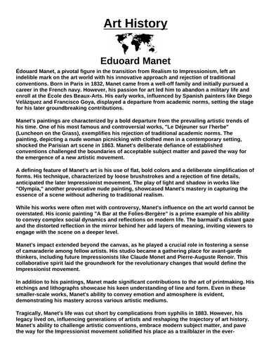 Art History: Eduoard Manet “Article & Questions” Assignment