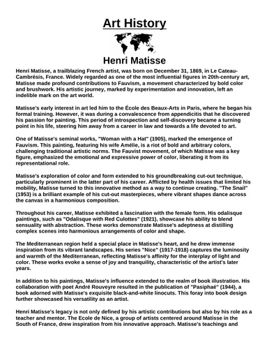 Art History: Henri Matisse “Article & Questions” Assignment
