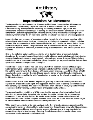 Art History: Impressionism Art Movement “Article & Questions” Assignment