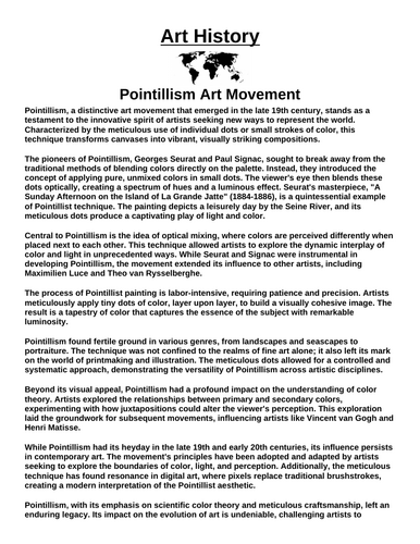 Art History: Pointillism Art Movement “Article & Questions” Assignment
