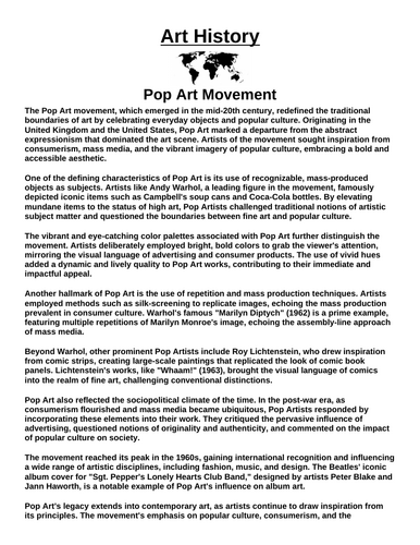 Art History: Pop Art Movement “Article & Questions” Assignment