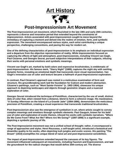 Art History: Post-Impressionism Art Movement “Article & Questions” Assignment