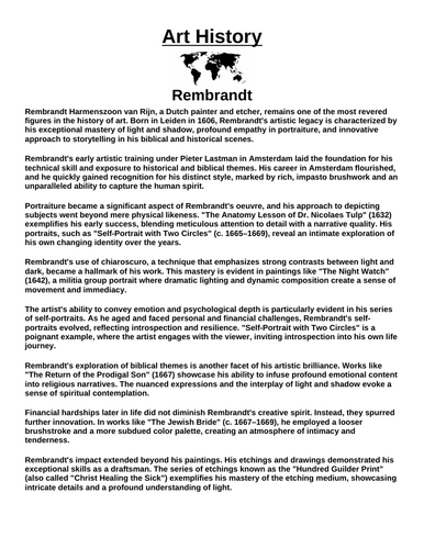 Art History: Rembrandt “Article & Questions” Assignment