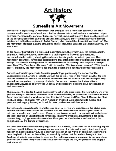 Art History: Surrealism Art Movement “Article & Questions” Assignment