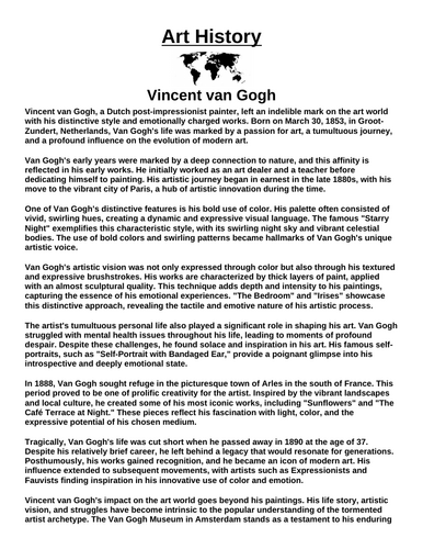 Art History: Vincent van Gogh “Article & Questions” Assignment
