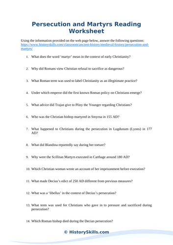 Early Christian Persecutions and Martyrs Reading Comprehension Worksheet