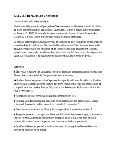 A LEVEL ESSAY QUESTIONS: French - "Les Choristes" indicative content provided for certain questions