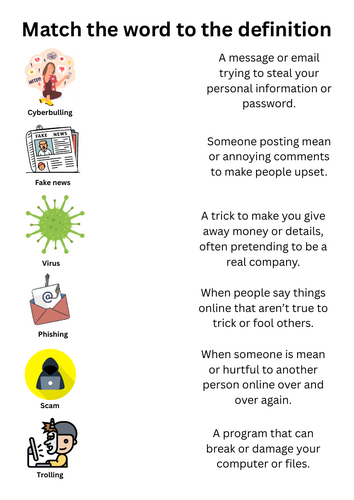 Internet Safety - definitions worksheet