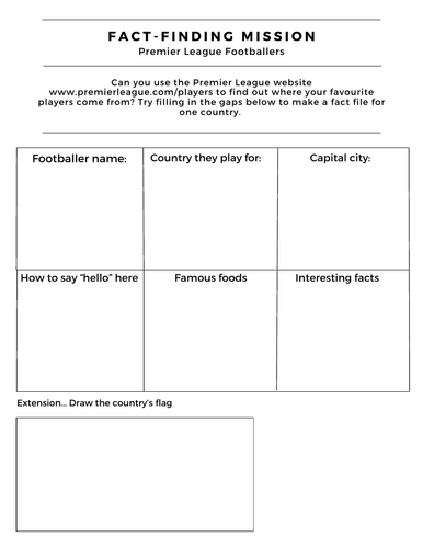 Premier League Footballer research sheet