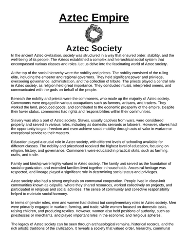 Aztec Empire: Aztec Society “Article & Questions” Assignment