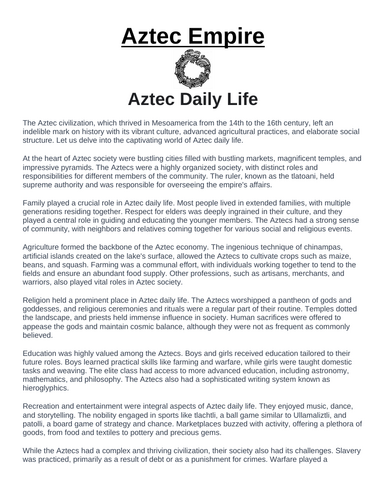 Aztec Empire: Aztec Daily Life “Article & Questions” Assignment