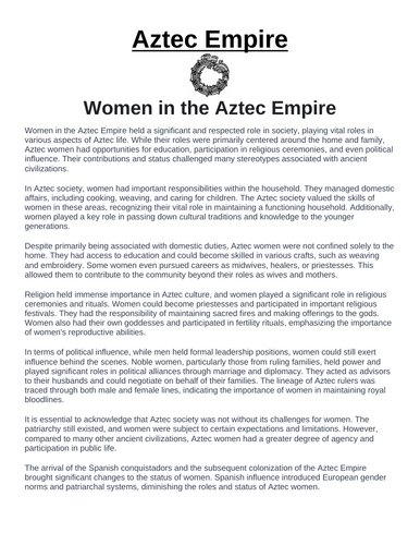 Aztec Empire: Women in the Aztec Empire “Article & Questions” Assignment