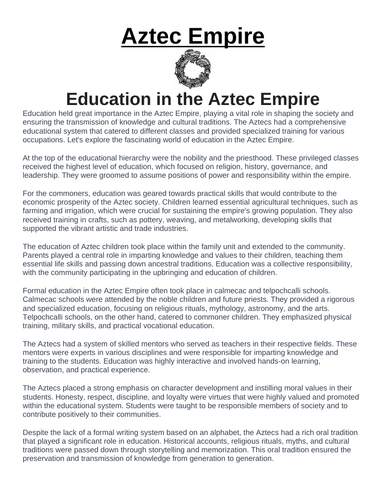 Aztec Empire: Education in the Aztec Empire “Article & Questions” Assignment