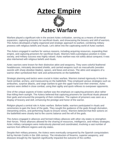 Aztec Empire: Aztec Warfare “Article & Questions” Assignment