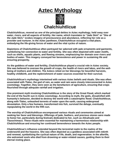 Aztec God: Chalchiuhtlicue “Article & Questions” Assignment