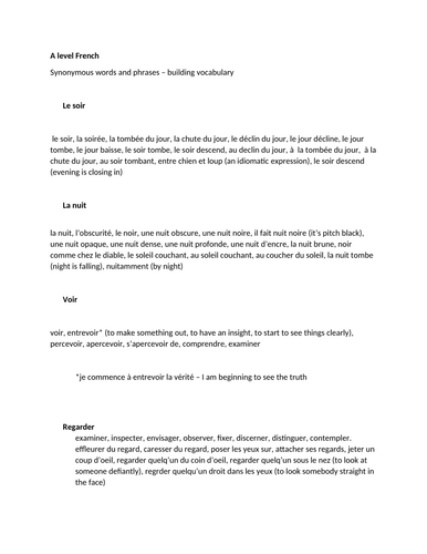A LEVEL FRENCH SYNONYMS: expanding vocabulary; idiomatic phrases included