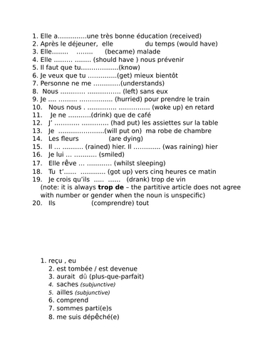 FRENCH A LEVEL REVISION: conjugate the verbs (answer key provided)