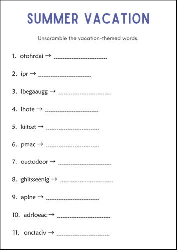 Printable Summer Word Scramble Activity Worksheets for Grade 1, 2, 3