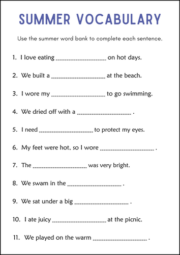 Printable Summer Vocabulary Worksheets - Clothes Vocabulary - Beach Vocabulary