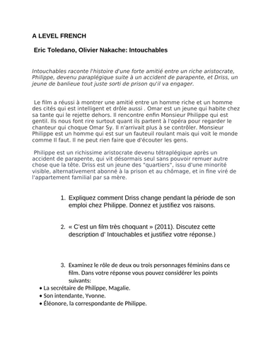 Teacher Resource "Les Intouchables" A LEVEL FRENCH