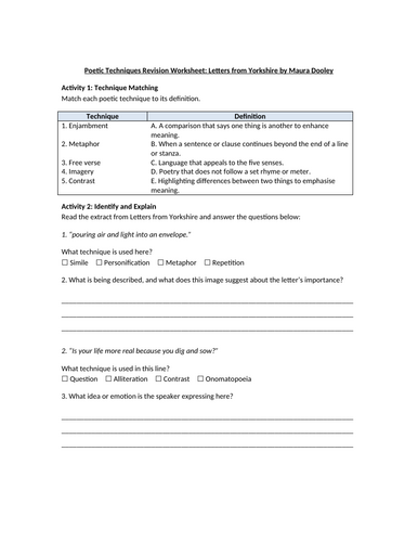 Letters from Yorkshire by Maura Dooley Worksheet
