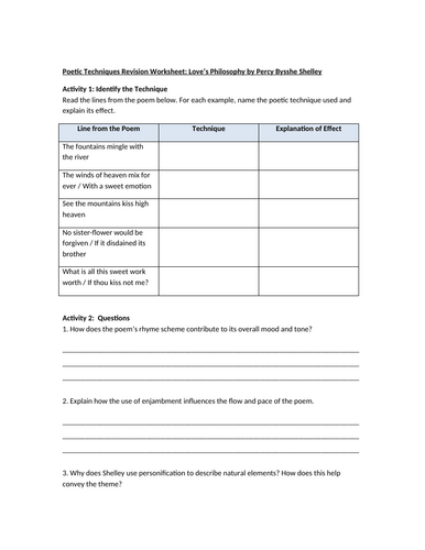 Love’s Philosophy By Percy Bysshe Shelley Worksheet