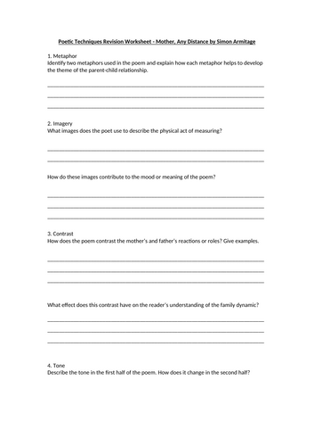 Mother, Any Distance by Simon Armitage Worksheet