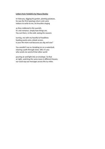 AQA Literature - Love & Relationships - Letters from Yorkshire