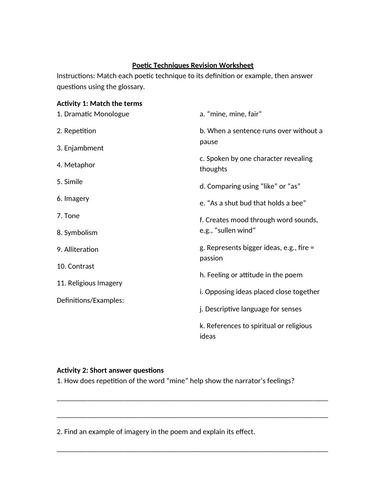 Porphyria's Lover by Robert Browning Worksheet