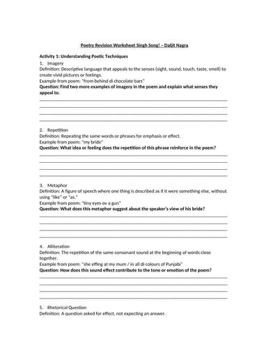 Singh Song! by Daljit Nagra Worksheet