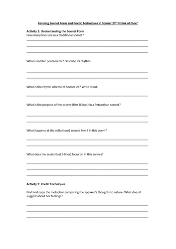 Sonnet 29 I Think of Thee, by Elizabeth Barrett Browning Worksheet