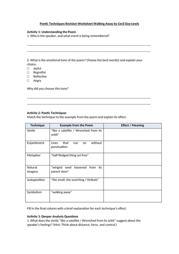 Walking Away by Cecil Day-Lewis Worksheet