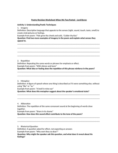 When We Two Parted by Lord Byron Worksheet