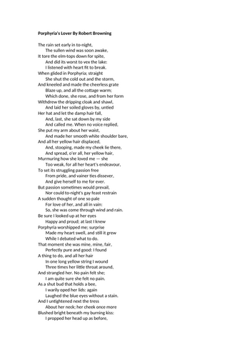 AQA Literature - Love & Relationships - Porphyria's Lover