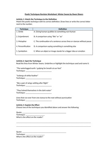 Winter Swans by Owen Sheers Worksheet