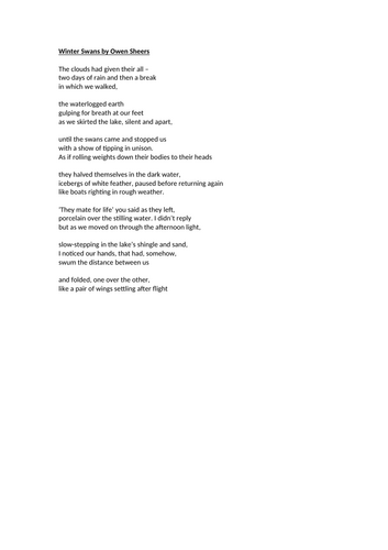 AQA Literature - Love & Relationships -  Winter Swans