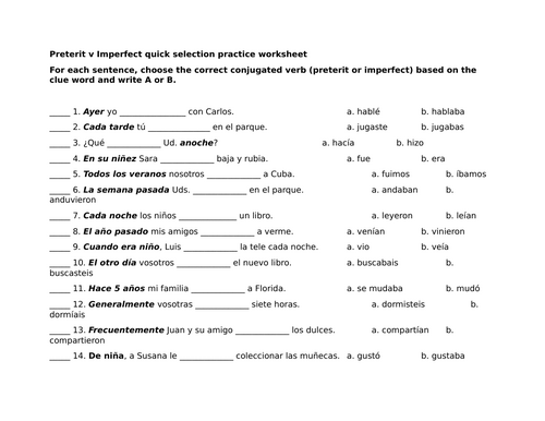 Preterit v Imperfect quick selection practice worksheet