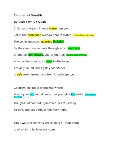 iGCSE ENGLISH LITERATURE "Children of Wealth" level 9 poetry analysis