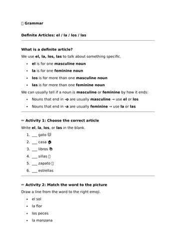Viva 1 - Module 1 - ¿Cómo te llamas?  - Grammar - Definite Articles – el, la, los, las