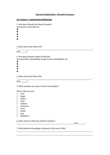 The Tempest - Character Relationships Worksheet