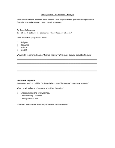 The Tempest - Act 1 Scene 2 - Ferdinand & Miranda Worksheet