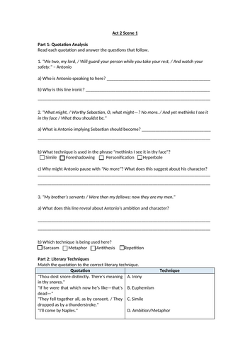 The Tempest - Act 2 Scene 1 - Antonio & Sebastian Worksheet