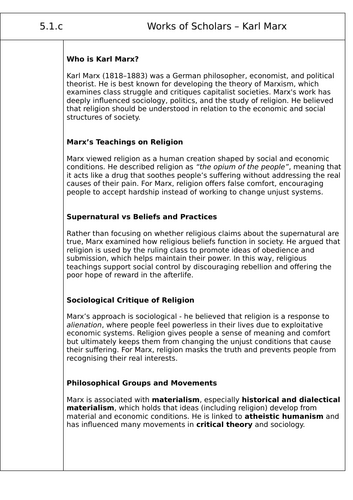 A Level Philosophy and Ethics, Topic 5.1.c Works of Scholars - Karl Marx