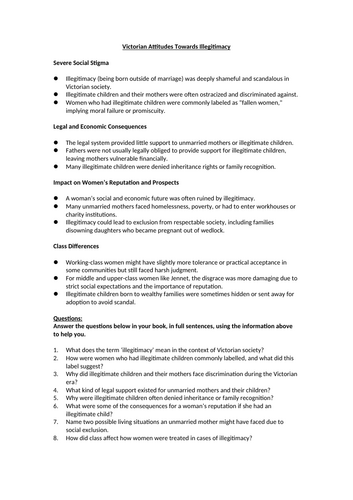 Victorian Attitudes Towards Illegitimacy Worksheet