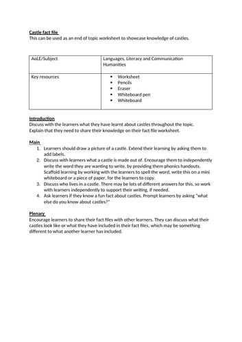 Early years/KS1 Castle fact file lesson plan and worksheet